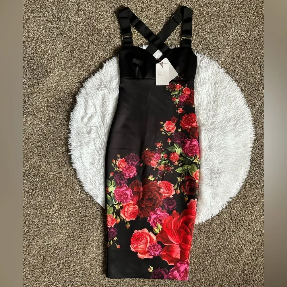 Ted Baker Dress Meric Juxtapose Rose Midi New Black Red Adjustable Straps Size 4